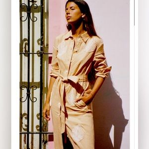 Zara Beaded Leaf Linen Maxi Long Sleeve Shirtdress Sz.L